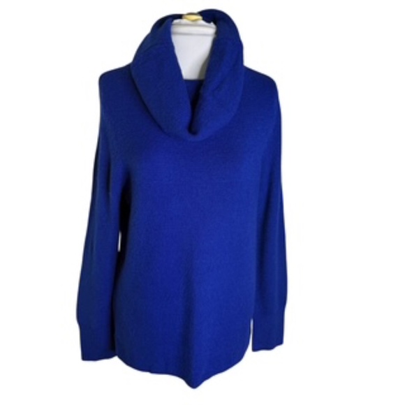 DKNY Jeans Long Tunic Cowl Neck Royal Blue Sleigh Hi/Lo Hem Sweater Size L - Picture 1 of 7